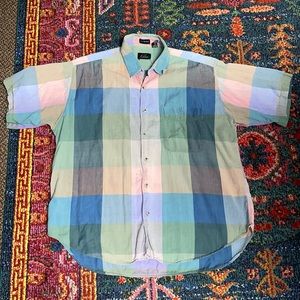 Vintage At Ease XL Button Down Short Sleeve Purple/Pink/Blue/Green Squares